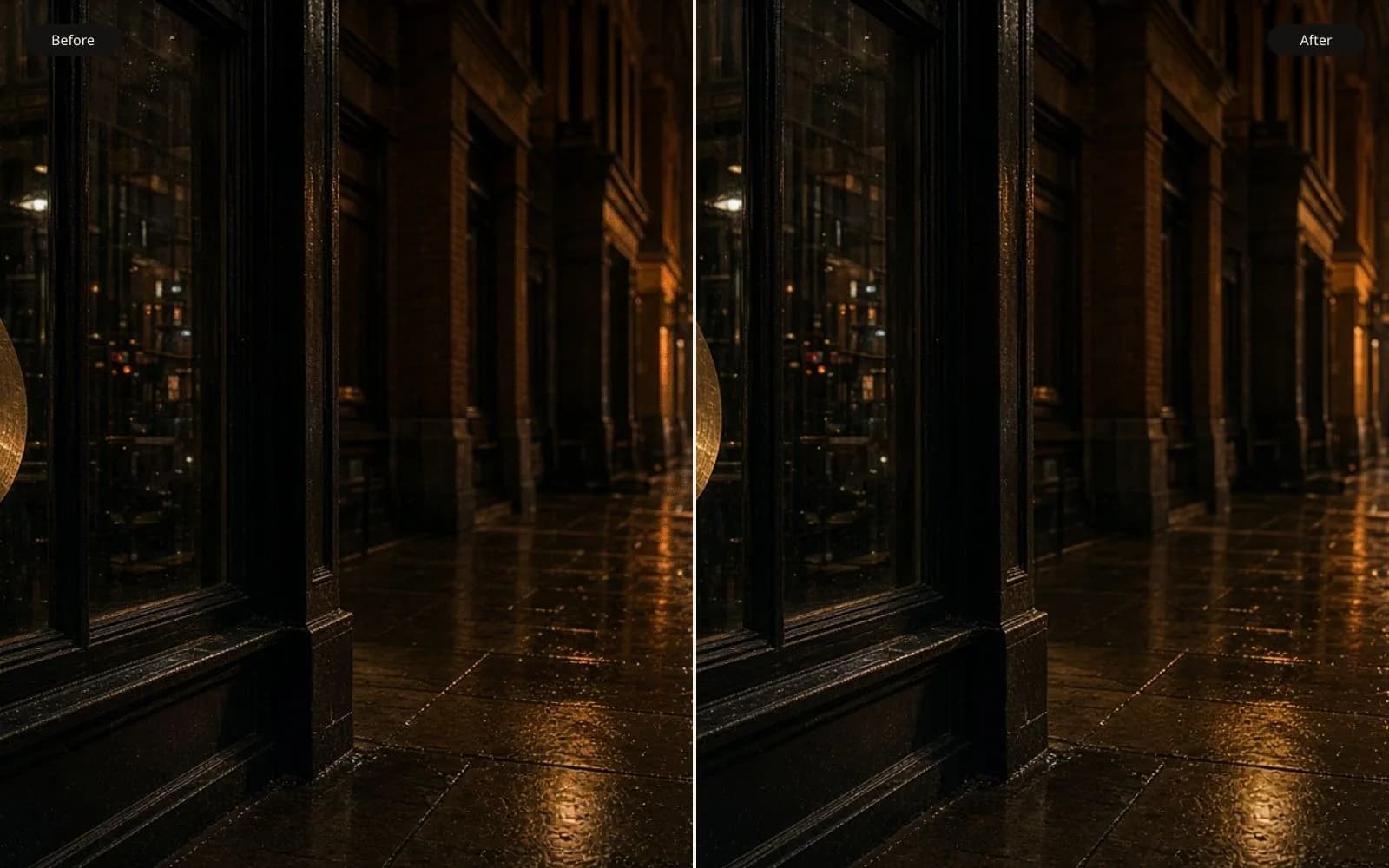 Before and after of a wet night street and a shop window. Left is the grain damage. Right is the same photograph kept sharp.